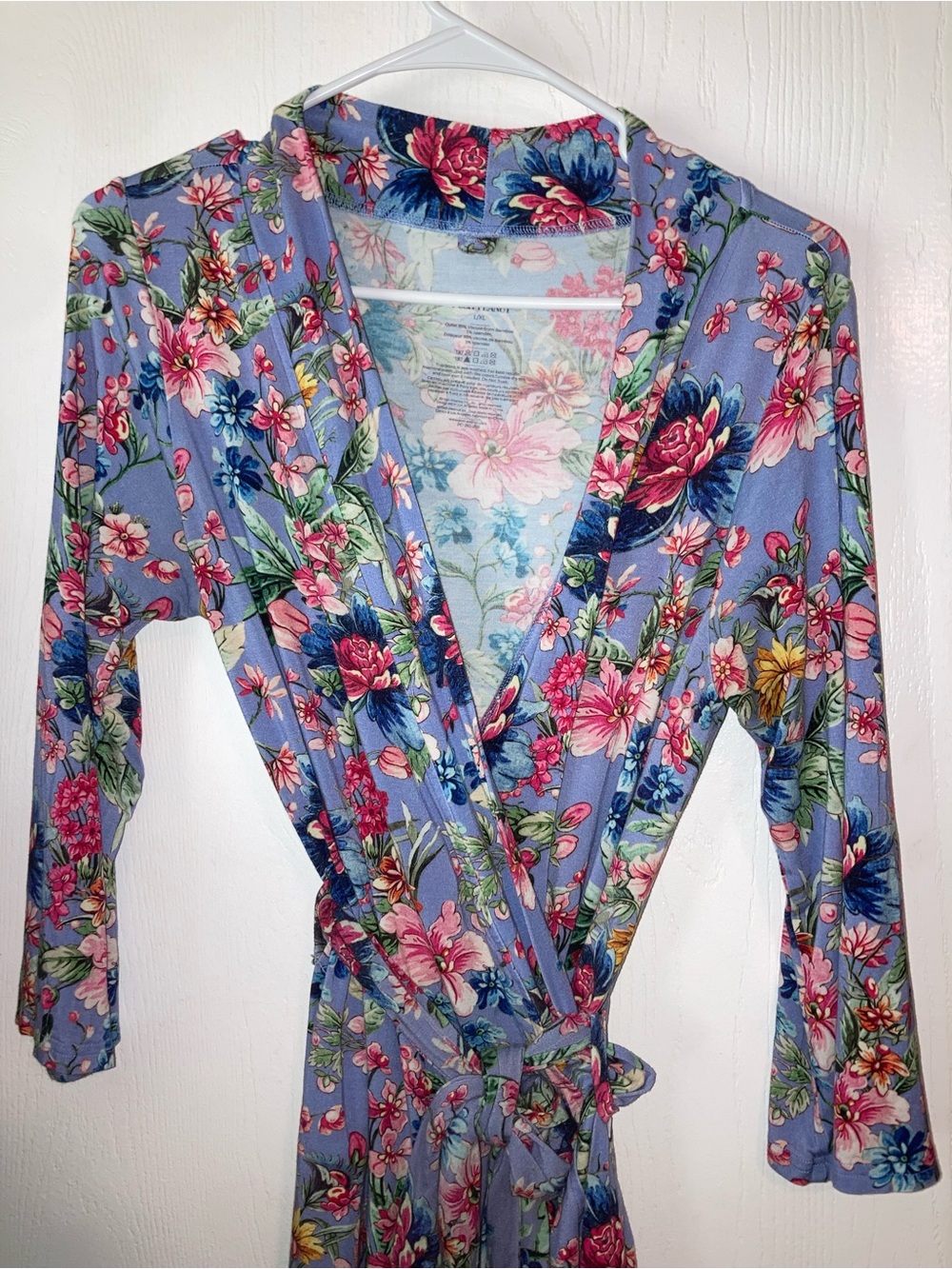 Posh Peanut Lavender-Blue Floral Wrap Robe with Pink & Navy Blooms
